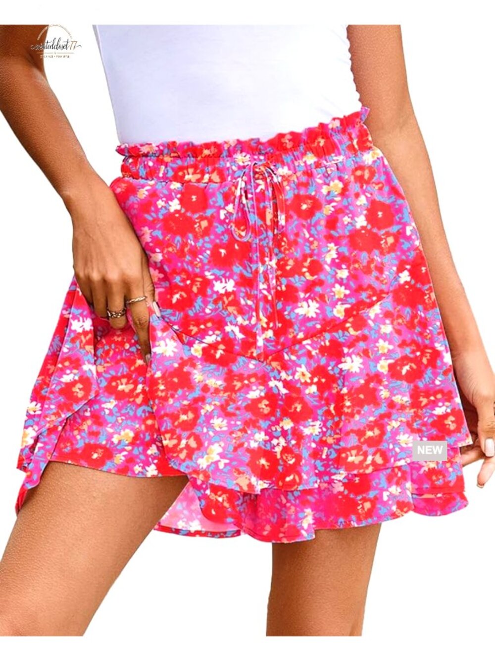 Floral Ruffled Chiffon Skorts Elastic Waist Summer Mini Skirt Shorts